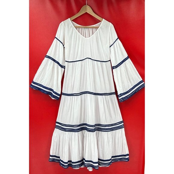 V. DE. Vinster White V-Neck Navy Blue Mini Pom Pom Details Easy Wear Dress Sz S - Picture 2 of 7